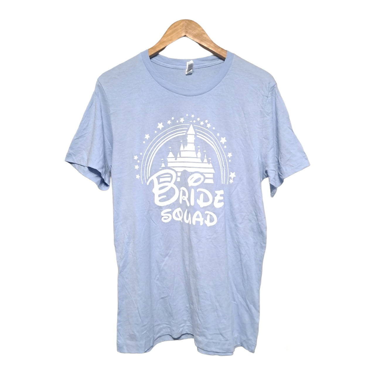 Sky blue shirt
Disney castle graphic background over 'Bride Squad'