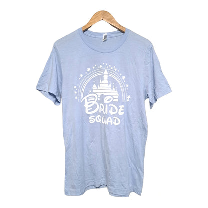 Sky blue shirt
Disney castle graphic background over 'Bride Squad'